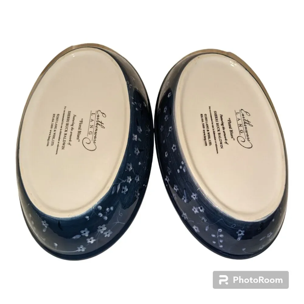 Lang Serving Bowls Earthenware Floral Blues Oval  set of 2 Blue white 9.75
